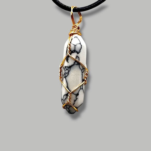 Wire-Wrapped Howlite Pendant Necklace On Black Cord With Adjustable Chain - Picture 2 of 6